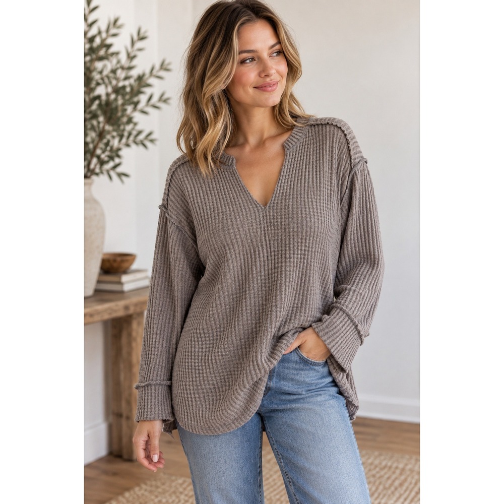 All in Favor Waffle Knit Thermal Top Size XS Boho Gorpcore Raw Seam Grey V-Neck
